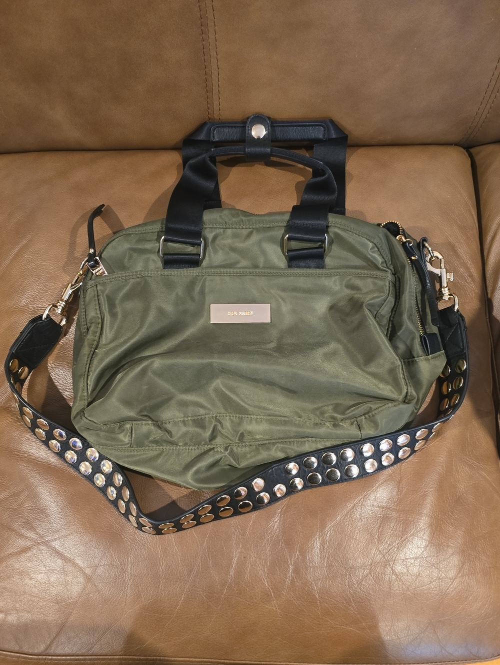 Steve Madden Olive Green Nylon Satchel with Studded Strap